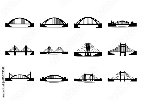 Vector silhouette of collection of twelve diverse bridge silhouettes isolated on white background
