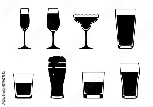 Vector silhouette of collection of various drink glasses isolated on white background