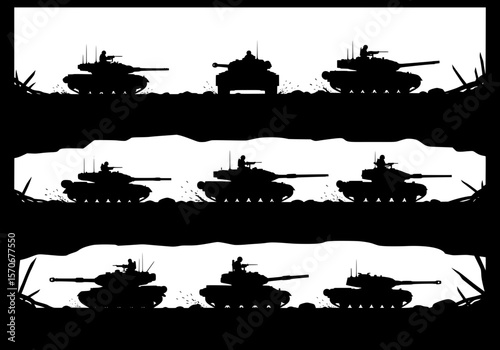 Vector silhouette of silhouette of a military tank battalion advancing in formation