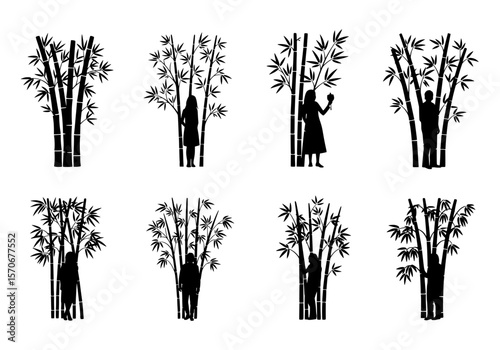Vector silhouette of silhouettes of people interacting with bamboo stalks in a forest setting, isolated on white background