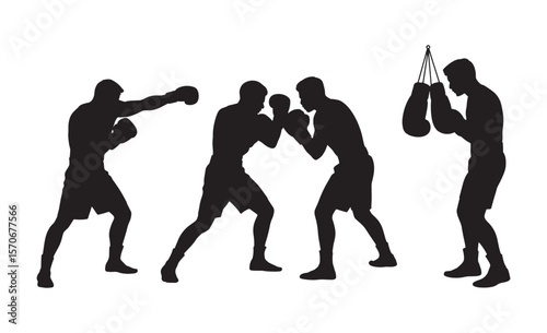 Four silhouettes of boxers training and sparring against a white background