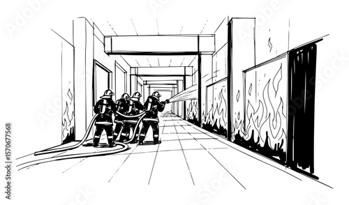 firefighters fighting a fire inside a building sketch vector
