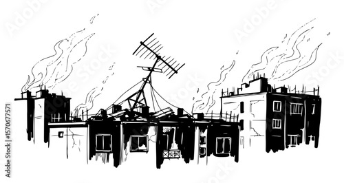 burning city rooftops after disaster sketch vector illustration