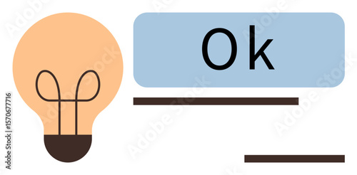 Lightbulb icon paired with Ok text and minimalist lines highlights concepts of innovation, approval, or validation. Ideal for education, technology, creativity, teamwork, marketing, communication