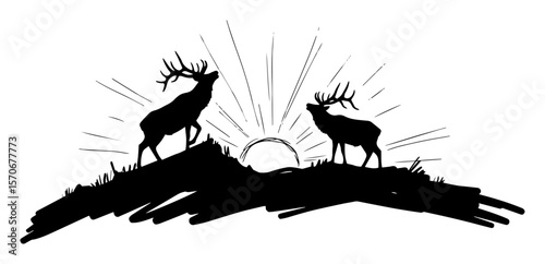 two deer on a hill at sunrise hunting logo vector