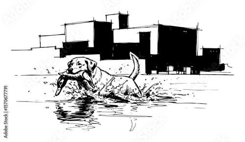 hunting dog retrieving a duck from water sketch vector