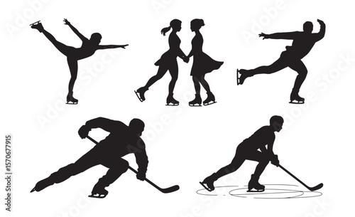Silhouettes of ice skaters performing figure skating and hockey moves on ice