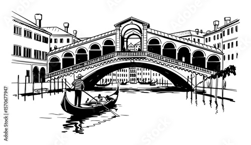 venice rialto bridge with gondola sketch vector illustration