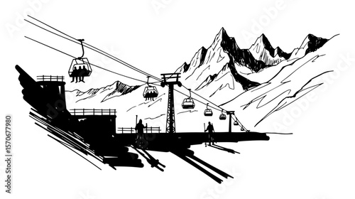 ski resort with chairlift and mountains landscape sketch vector