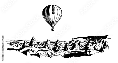 hot air balloon over cappadocia turkey landscape sketch vector