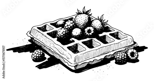 belgian waffle with berries sketch vector illustration