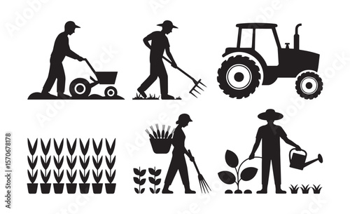 Collection of farmer silhouettes engaged in various agricultural activities with tractor and plants