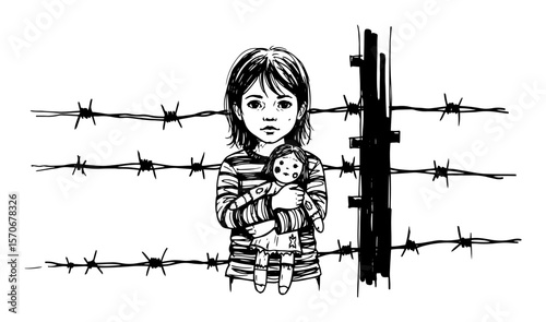 sad child behind barbed wire fence vector sketch