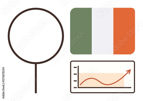 National flag, upward graph showing growth, and magnifying glass emphasizing focus. Ideal for economics, statistics, analysis, national development, data trends, global insights simple flat metaphor