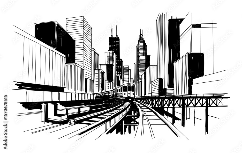 Obraz premium chicago city skyline with elevated train sketch vector