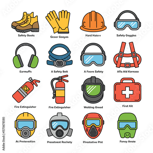 Collection of Sixteen Colorful Line Art Icons Depicting Various Safety Equipment Including Boots Gloves Hard Hats Goggles Earmuffs Safety Belts Welding Masks Gas Masks and a First Aid Kit