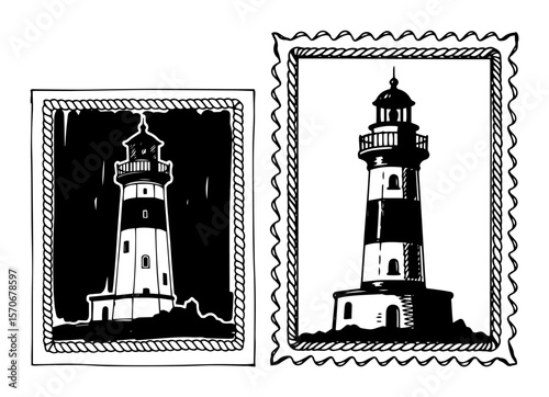 vintage lighthouse nautical stamp vector illustration set