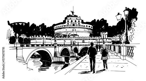 couple walking at castel sant'angelo in rome sketch vector