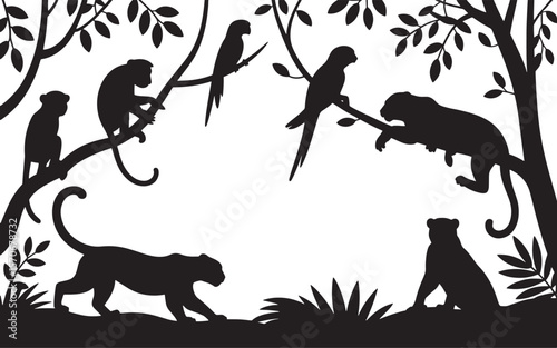 Monkeys and parrots perched on branches with a leopard in the foreground