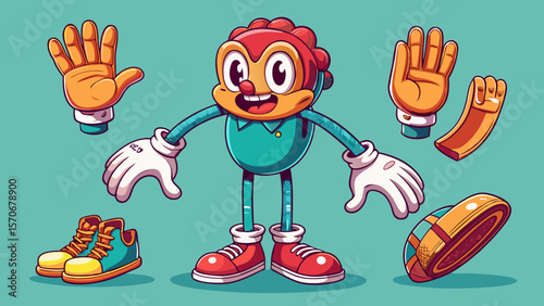 Vintage cartoon hands in gloves and feet in shoes. Cute animation character body parts. Comics arm gestures and walking leg poses vector set. Different foot movements and
