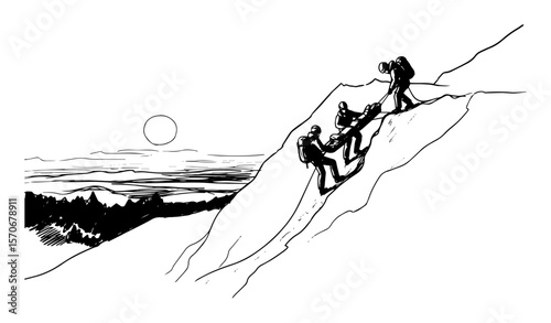 mountain climbers ascending snowy peak sketch vector