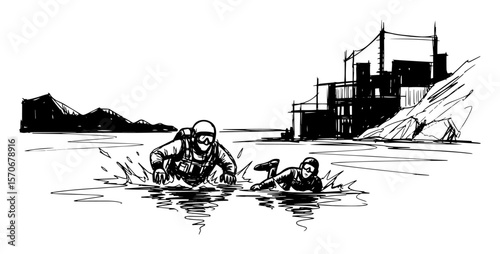 scuba divers on a rescue mission sketch vector