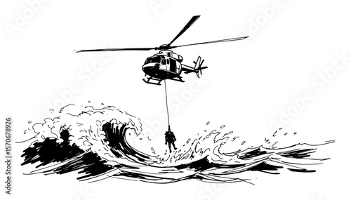helicopter sea rescue from stormy wave sketch vector