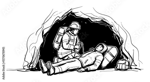 cave rescue operation with first aid sketch vector