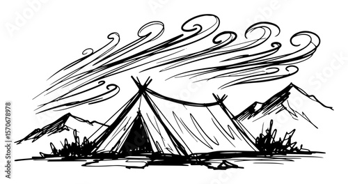camping tent in windy mountains sketch vector illustration
