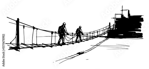 hikers crossing a dangerous rope bridge sketch vector