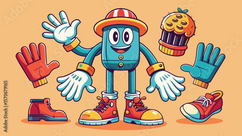 Vintage cartoon hands in gloves and feet in shoes. Cute animation character body parts. Comics arm gestures and walking leg poses vector set. Different foot movements and