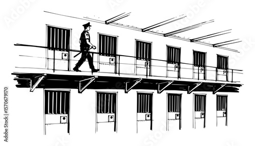 prison guard patrolling jail cell block sketch vector