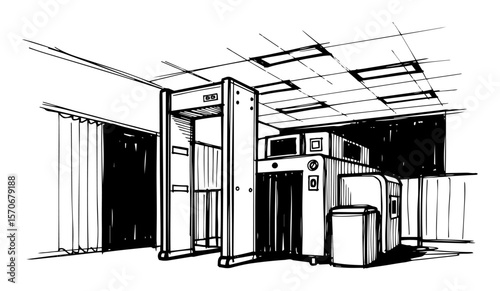 airport security checkpoint with metal detector sketch