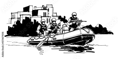 special forces soldiers in boat on a mission sketch