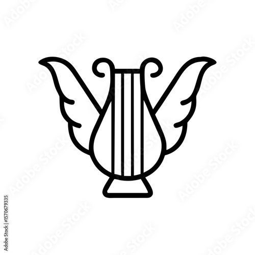 Harp with wings in simple line art style on a transparent background  