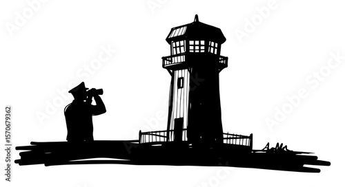 prison guard in watchtower silhouette sketch vector