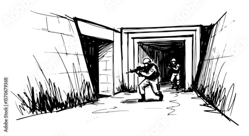 special forces soldiers in tunnel mission sketch vector