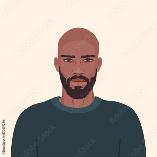 A portrait of handsome African male with beard and bald head. Detailed illustration of man face.
