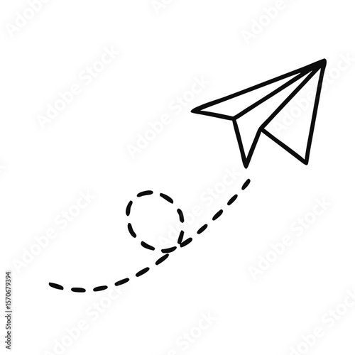 Paper plane flying with dotted trajectory on transparent background  