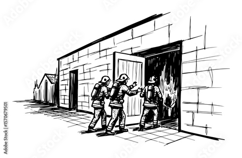 firefighters entering burning building sketch vector