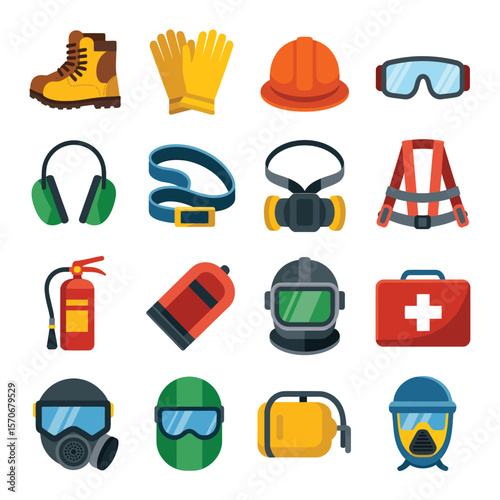 Collection of sixteen flat design safety icons depicting diverse protective equipment including work boots safety glasses hard hats earmuffs gas masks respirators and first aid kits in