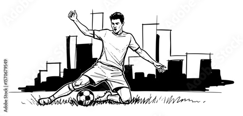 soccer player celebrating goal on knees city background sketch
