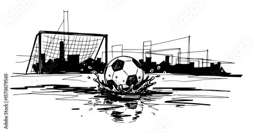 soccer ball splashing in water street football concept sketch