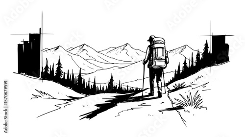 hiker escaping city to mountains sketch concept vector