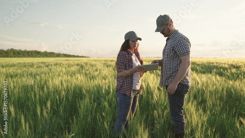 farmers shake hands on field with wheat, teamwork in agriculture, business for production of grain products, meeting of agronomists plantations land, looking into tablet while standing soil with rye.