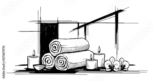 spa wellness setting with towels and candles sketch vector