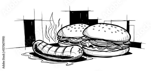 grilled hamburgers and sausage bbq food sketch vector