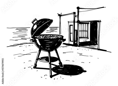 barbecue grill on the beach summer picnic sketch vector