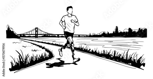 amputee runner with prosthetic leg jogging sketch vector