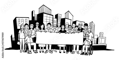 diverse community of people holding blank banner sketch